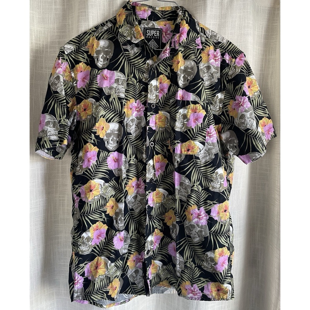 Super Massive Floral Skull Short Sleeve Button Up Shirt Sz Small Hawaiian